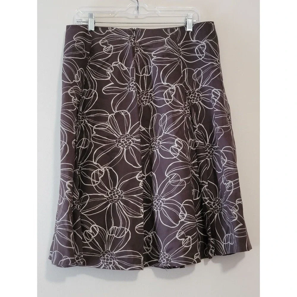 Willi Smith Women Brown White Floral Print Linen A-Line Midi Skirt Size 10 - Picture 2 of 7